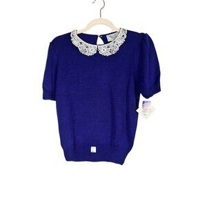 Retro Knit Sweater Floral Lace Blue M Classic Chic Preppy Nautical Cottagecore